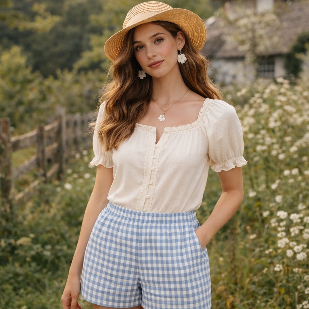 NWT Neutral Ground Blue & Cream Gingham Cotton Cottagecore Shorts – Size Large